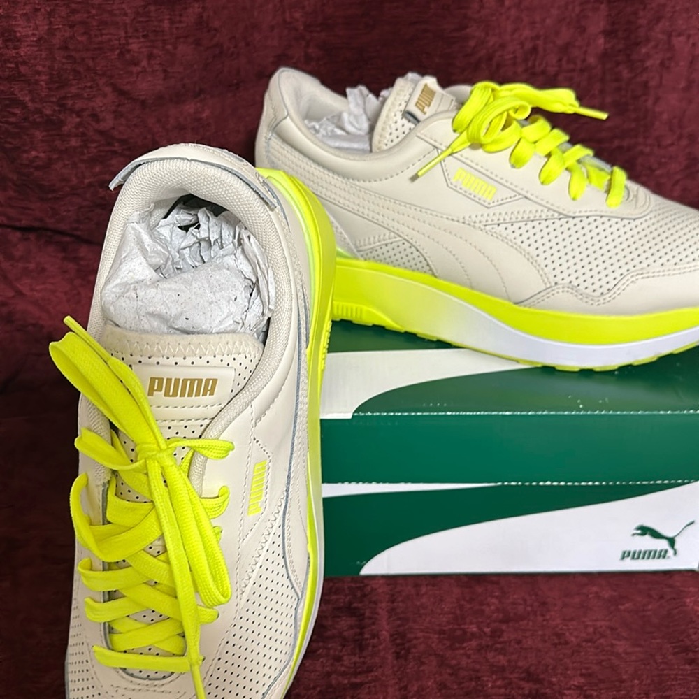 Used, size 10, beige and lime green thick sole, puma gym shoes